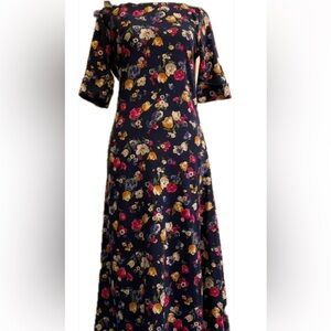 Lauren Ralph Lauren Navy Dress with Multi Color Floral Print boatneck size L